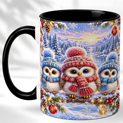 #pl[11oz|Black] Christmas Owl Trio Coffee Mug, Winter Bird Mug, Ceramic Cup
