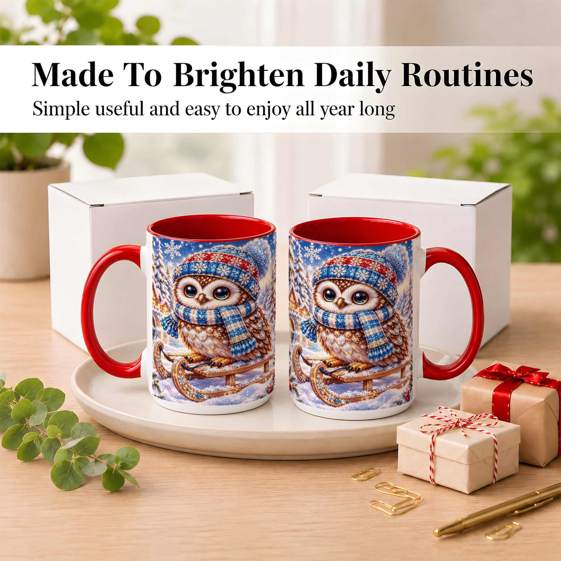 #pl[15oz|Red] Ornate Winter Owl Coffee Mug, Snowy Sled Owl Mug, Ceramic Cup