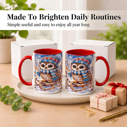 #pl[15oz|Red] Ornate Winter Owl Coffee Mug, Snowy Sled Owl Mug, Ceramic Cup