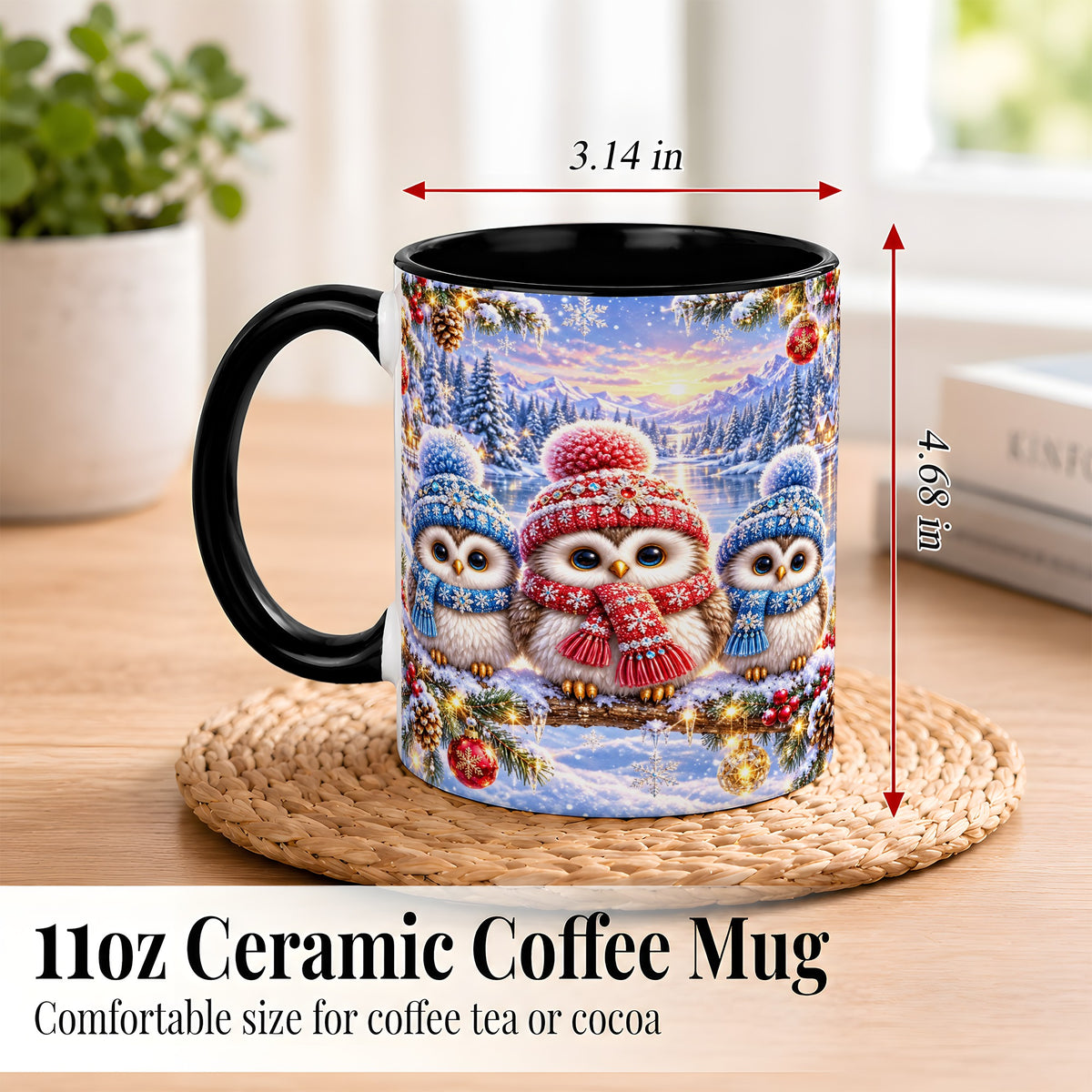 #pl[11oz|Black] Christmas Owl Trio Coffee Mug, Winter Bird Mug, Ceramic Cup