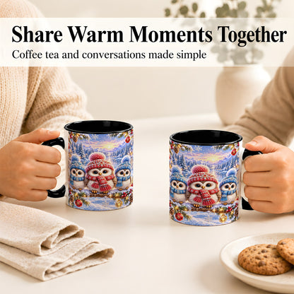 #pl[11oz|Black] Christmas Owl Trio Coffee Mug, Winter Bird Mug, Ceramic Cup