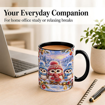 #pl[11oz|Black] Christmas Owl Trio Coffee Mug, Winter Bird Mug, Ceramic Cup