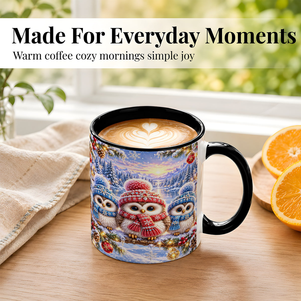 #pl[11oz|Black] Christmas Owl Trio Coffee Mug, Winter Bird Mug, Ceramic Cup