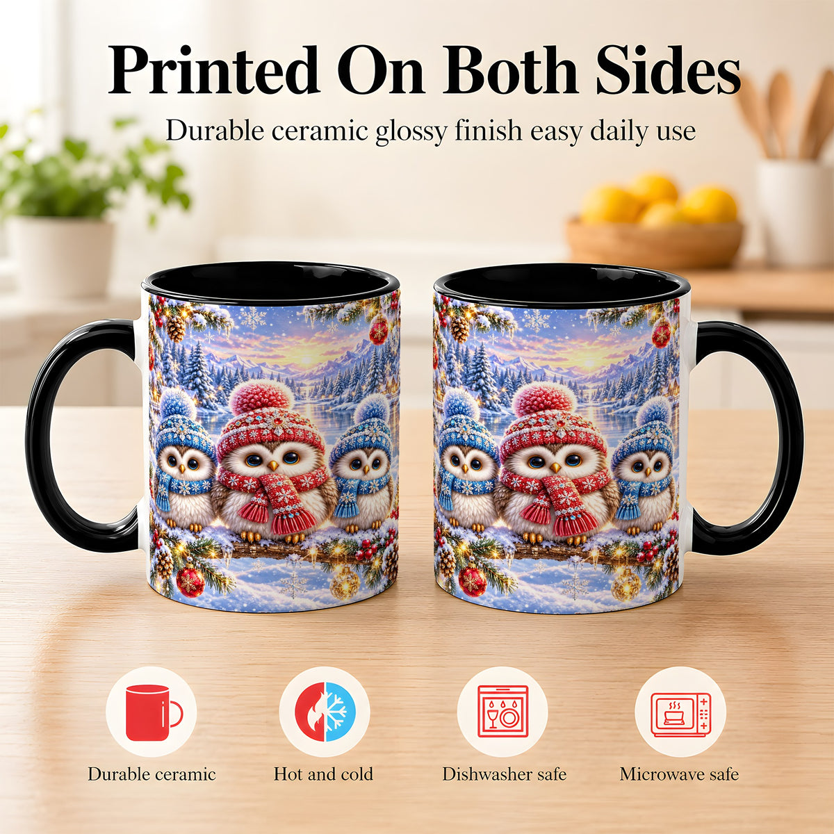 #pl[11oz|Black] Christmas Owl Trio Coffee Mug, Winter Bird Mug, Ceramic Cup