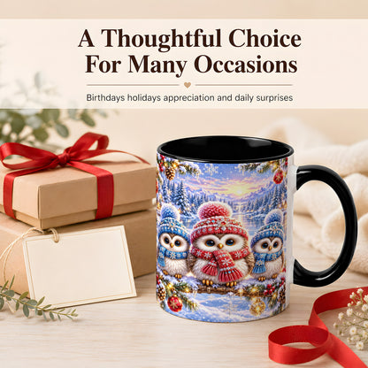 #pl[11oz|Black] Christmas Owl Trio Coffee Mug, Winter Bird Mug, Ceramic Cup