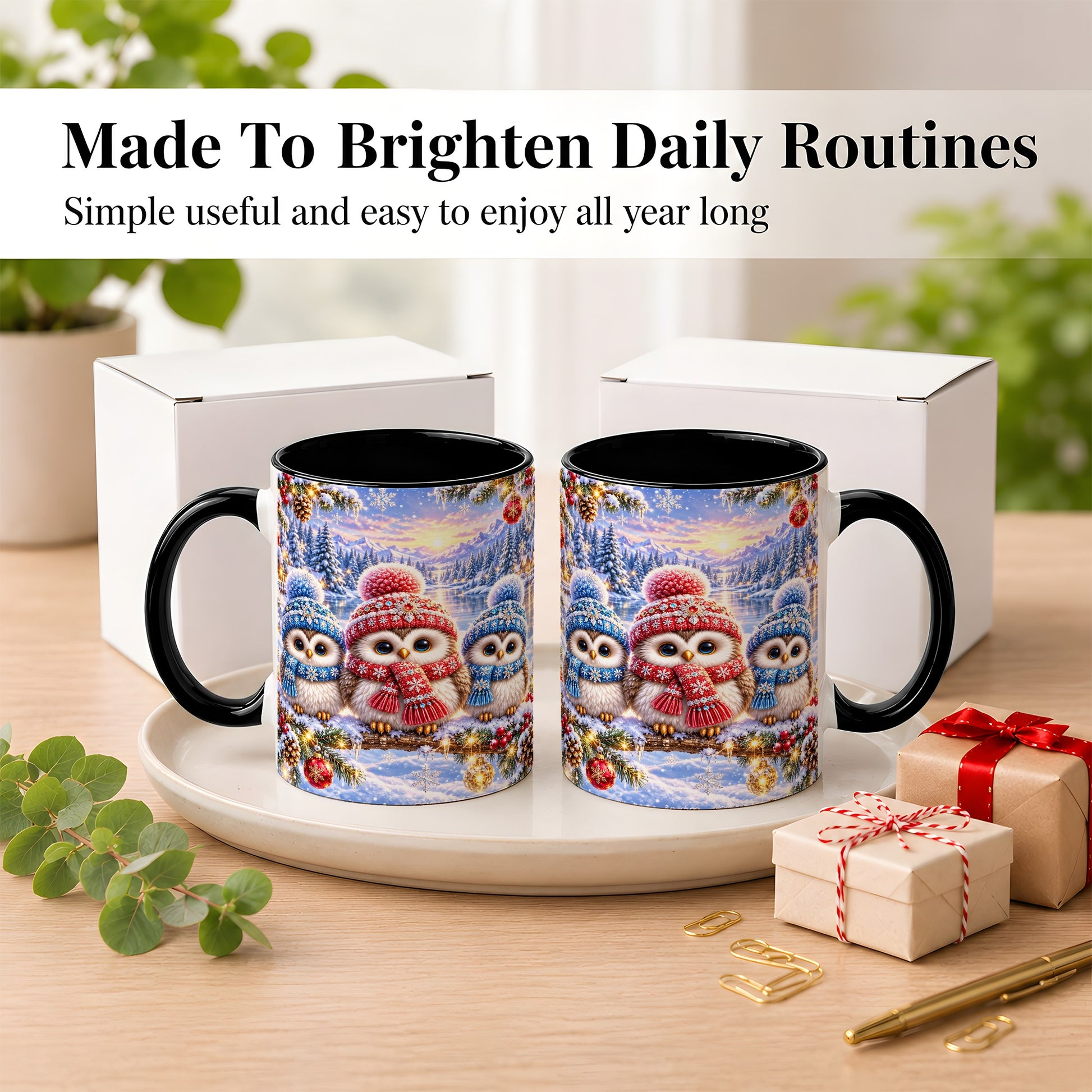 #pl[11oz|Black] Christmas Owl Trio Coffee Mug, Winter Bird Mug, Ceramic Cup