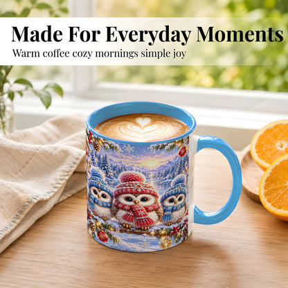 #pl[11oz|Blue] Christmas Owl Trio Coffee Mug, Winter Bird Mug, Ceramic Cup