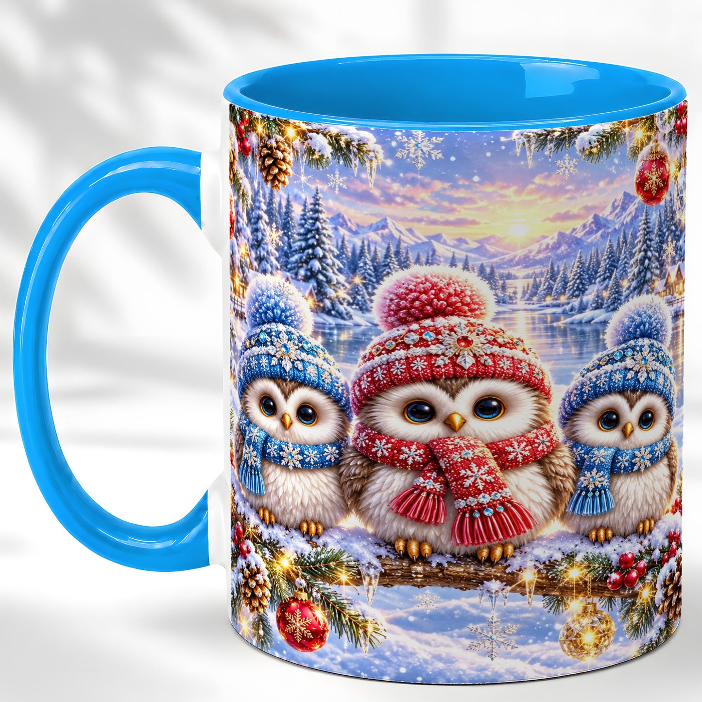#pl[11oz|Blue] Christmas Owl Trio Coffee Mug, Winter Bird Mug, Ceramic Cup