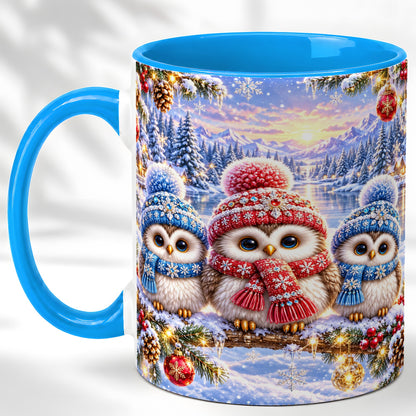 #pl[11oz|Blue] Christmas Owl Trio Coffee Mug, Winter Bird Mug, Ceramic Cup