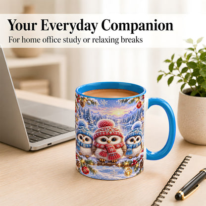 #pl[11oz|Blue] Christmas Owl Trio Coffee Mug, Winter Bird Mug, Ceramic Cup