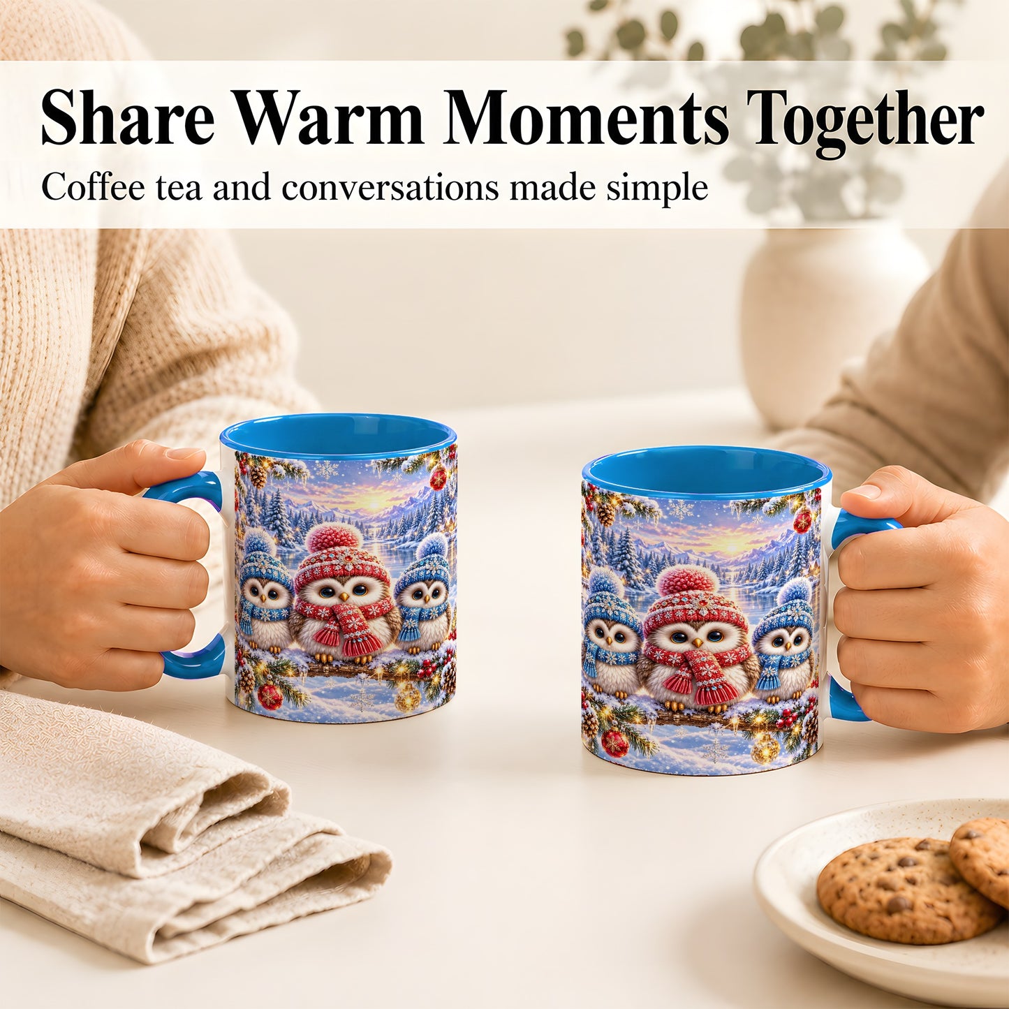 #pl[11oz|Blue] Christmas Owl Trio Coffee Mug, Winter Bird Mug, Ceramic Cup