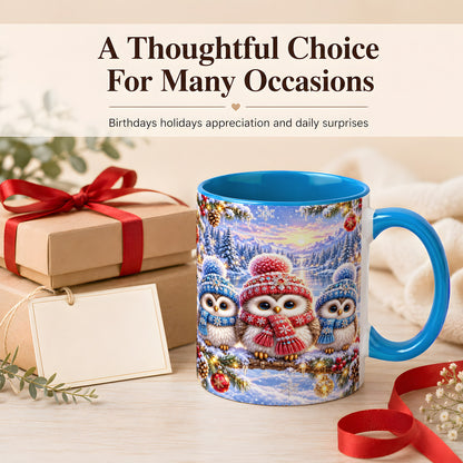 #pl[11oz|Blue] Christmas Owl Trio Coffee Mug, Winter Bird Mug, Ceramic Cup