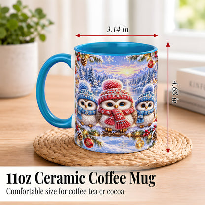 #pl[11oz|Blue] Christmas Owl Trio Coffee Mug, Winter Bird Mug, Ceramic Cup