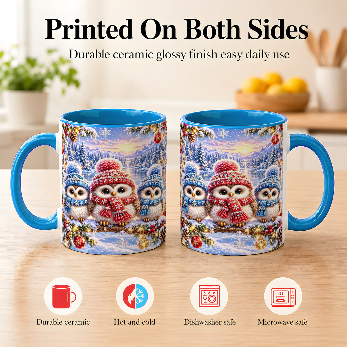 #pl[11oz|Blue] Christmas Owl Trio Coffee Mug, Winter Bird Mug, Ceramic Cup