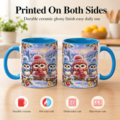 #pl[11oz|Blue] Christmas Owl Trio Coffee Mug, Winter Bird Mug, Ceramic Cup
