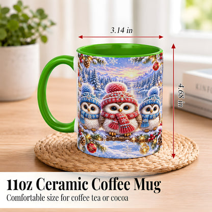 #pl[11oz|Green] Christmas Owl Trio Coffee Mug, Winter Bird Mug, Ceramic Cup