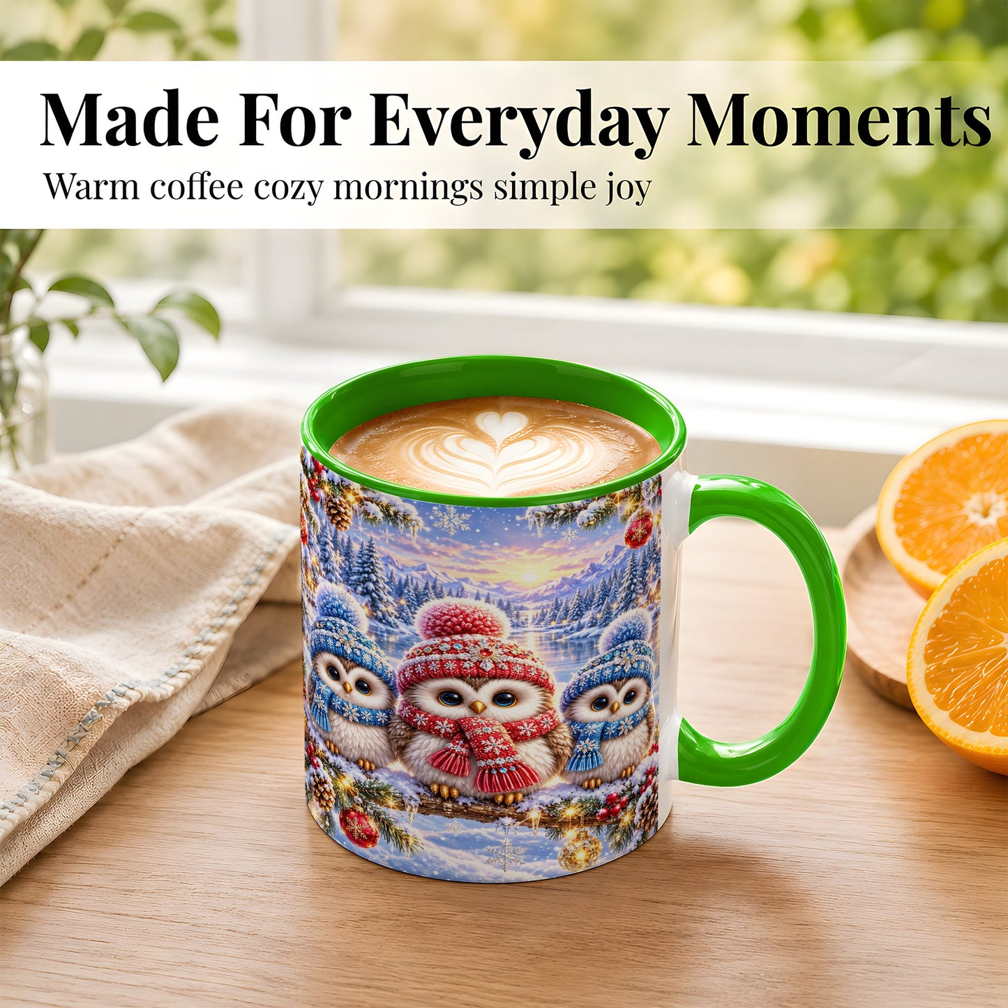#pl[11oz|Green] Christmas Owl Trio Coffee Mug, Winter Bird Mug, Ceramic Cup