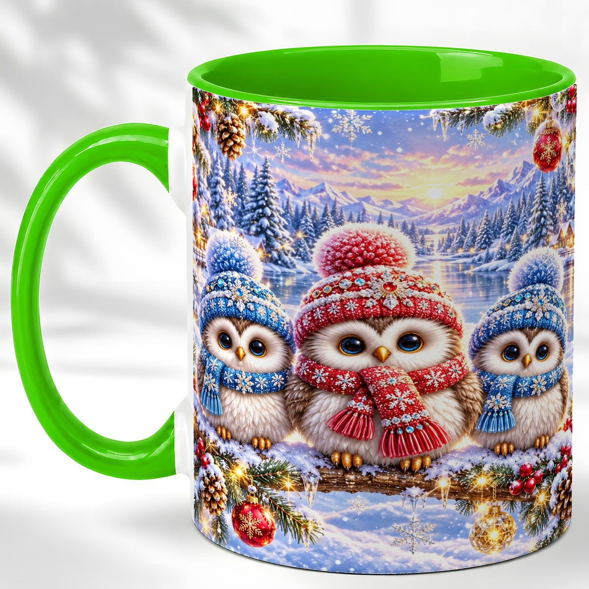 #pl[11oz|Green] Christmas Owl Trio Coffee Mug, Winter Bird Mug, Ceramic Cup