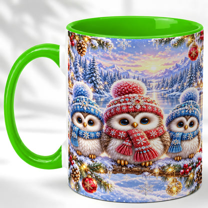 #pl[11oz|Green] Christmas Owl Trio Coffee Mug, Winter Bird Mug, Ceramic Cup