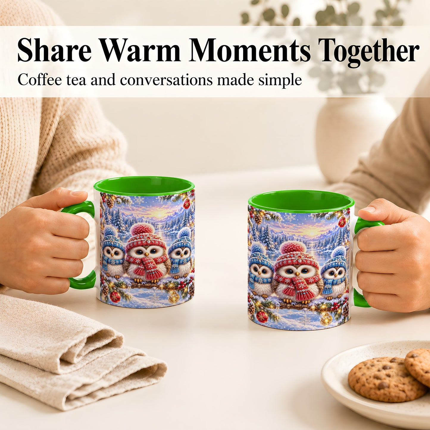 #pl[11oz|Green] Christmas Owl Trio Coffee Mug, Winter Bird Mug, Ceramic Cup