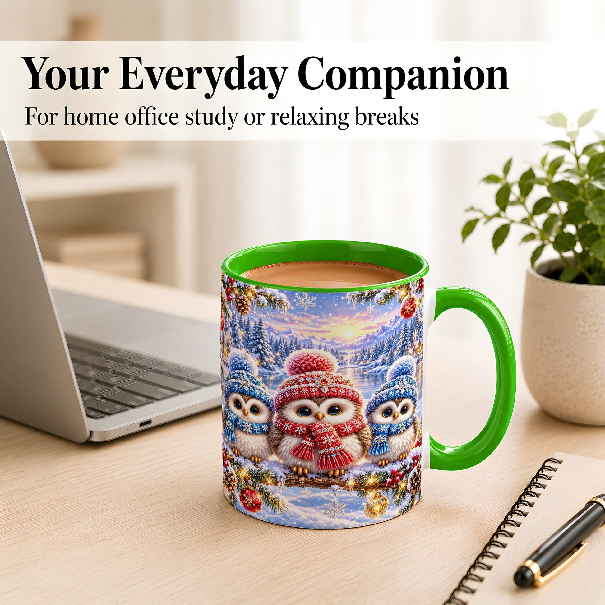 #pl[11oz|Green] Christmas Owl Trio Coffee Mug, Winter Bird Mug, Ceramic Cup