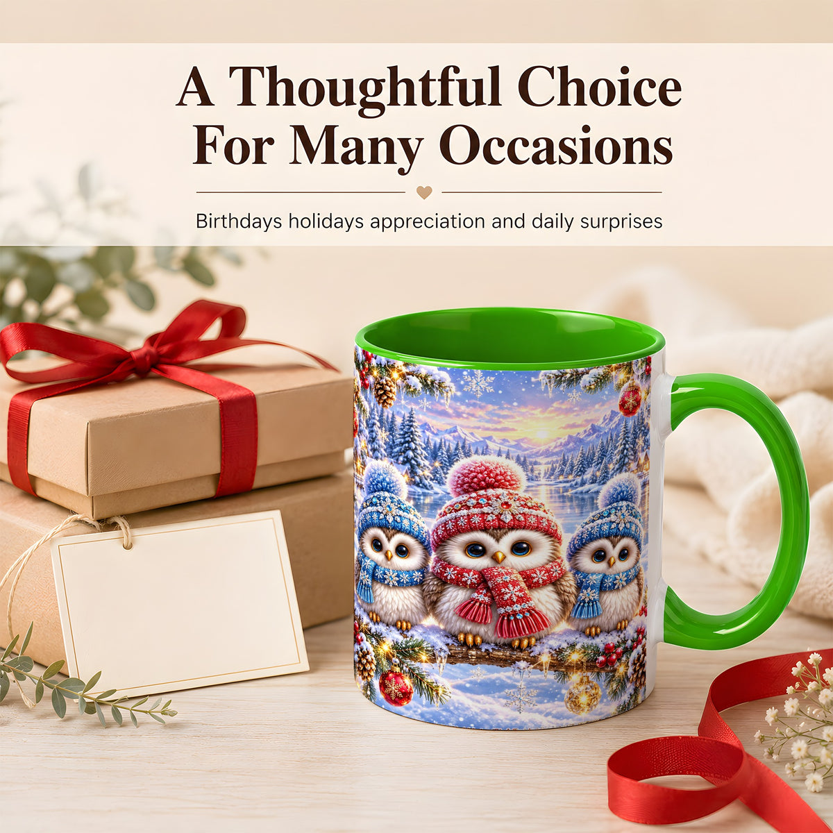 #pl[11oz|Green] Christmas Owl Trio Coffee Mug, Winter Bird Mug, Ceramic Cup