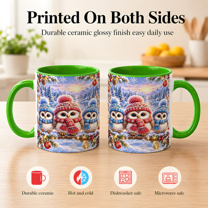 #pl[11oz|Green] Christmas Owl Trio Coffee Mug, Winter Bird Mug, Ceramic Cup