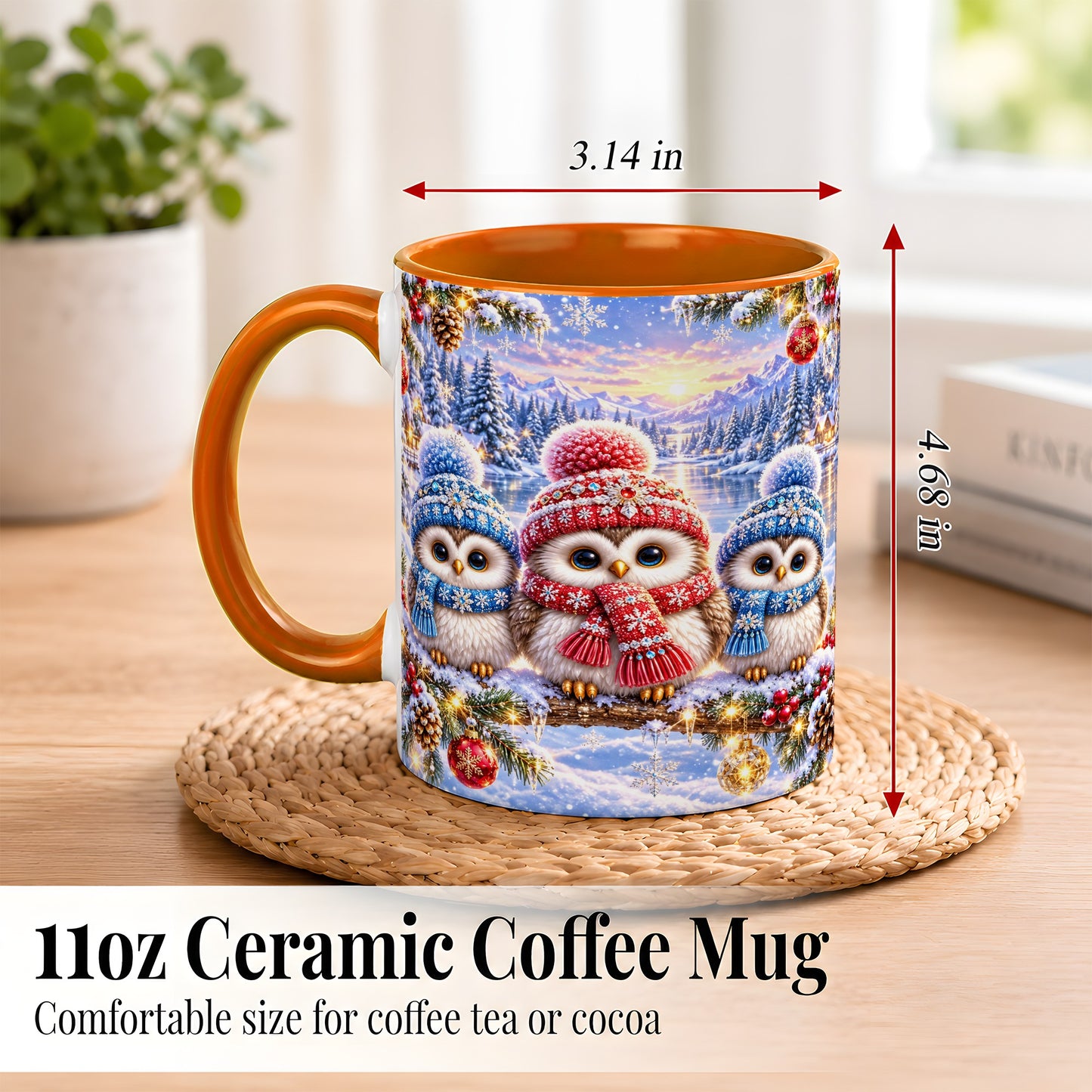 #pl[11oz|Orange] Christmas Owl Trio Coffee Mug, Winter Bird Mug, Ceramic Cup