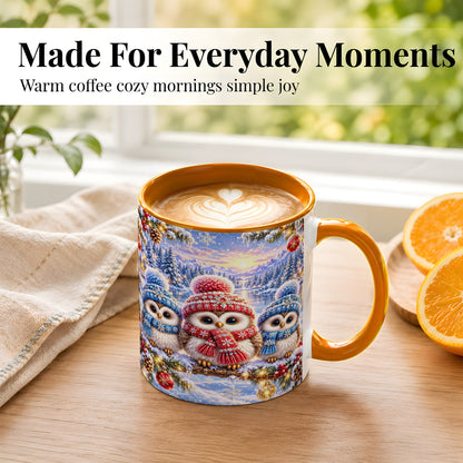 #pl[11oz|Orange] Christmas Owl Trio Coffee Mug, Winter Bird Mug, Ceramic Cup
