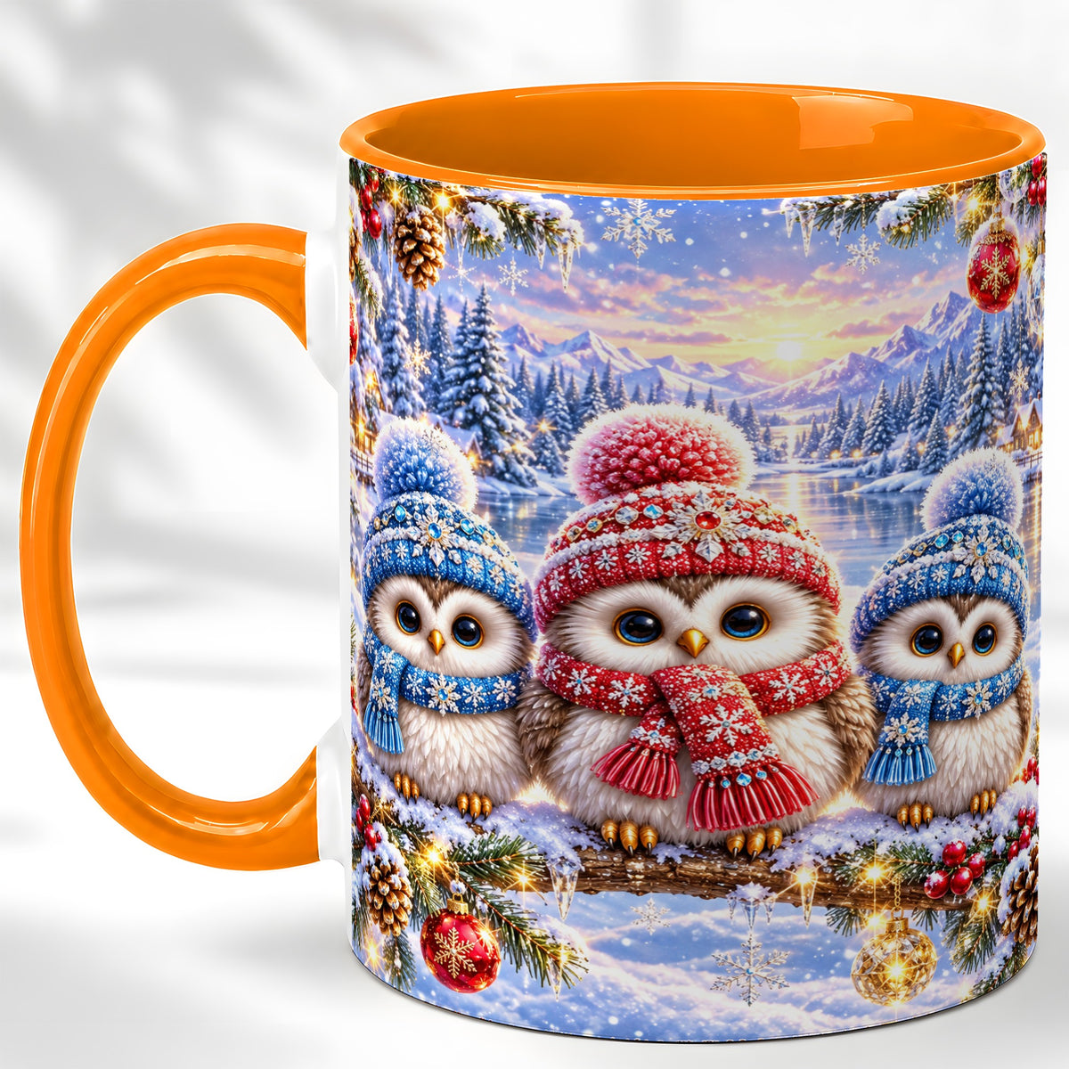 #pl[11oz|Orange] Christmas Owl Trio Coffee Mug, Winter Bird Mug, Ceramic Cup