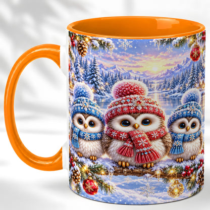 #pl[11oz|Orange] Christmas Owl Trio Coffee Mug, Winter Bird Mug, Ceramic Cup