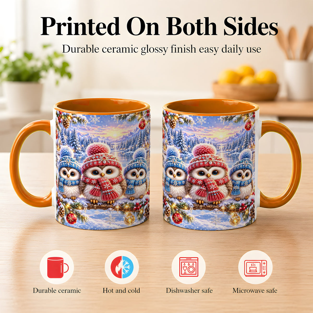 #pl[11oz|Orange] Christmas Owl Trio Coffee Mug, Winter Bird Mug, Ceramic Cup