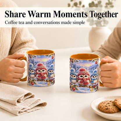 #pl[11oz|Orange] Christmas Owl Trio Coffee Mug, Winter Bird Mug, Ceramic Cup