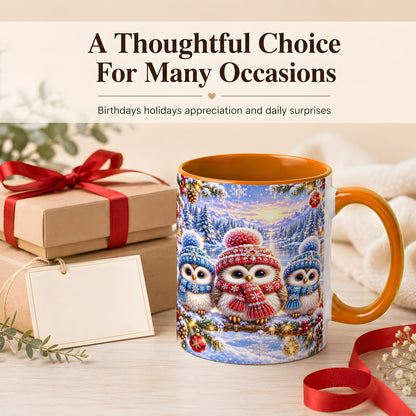 #pl[11oz|Orange] Christmas Owl Trio Coffee Mug, Winter Bird Mug, Ceramic Cup
