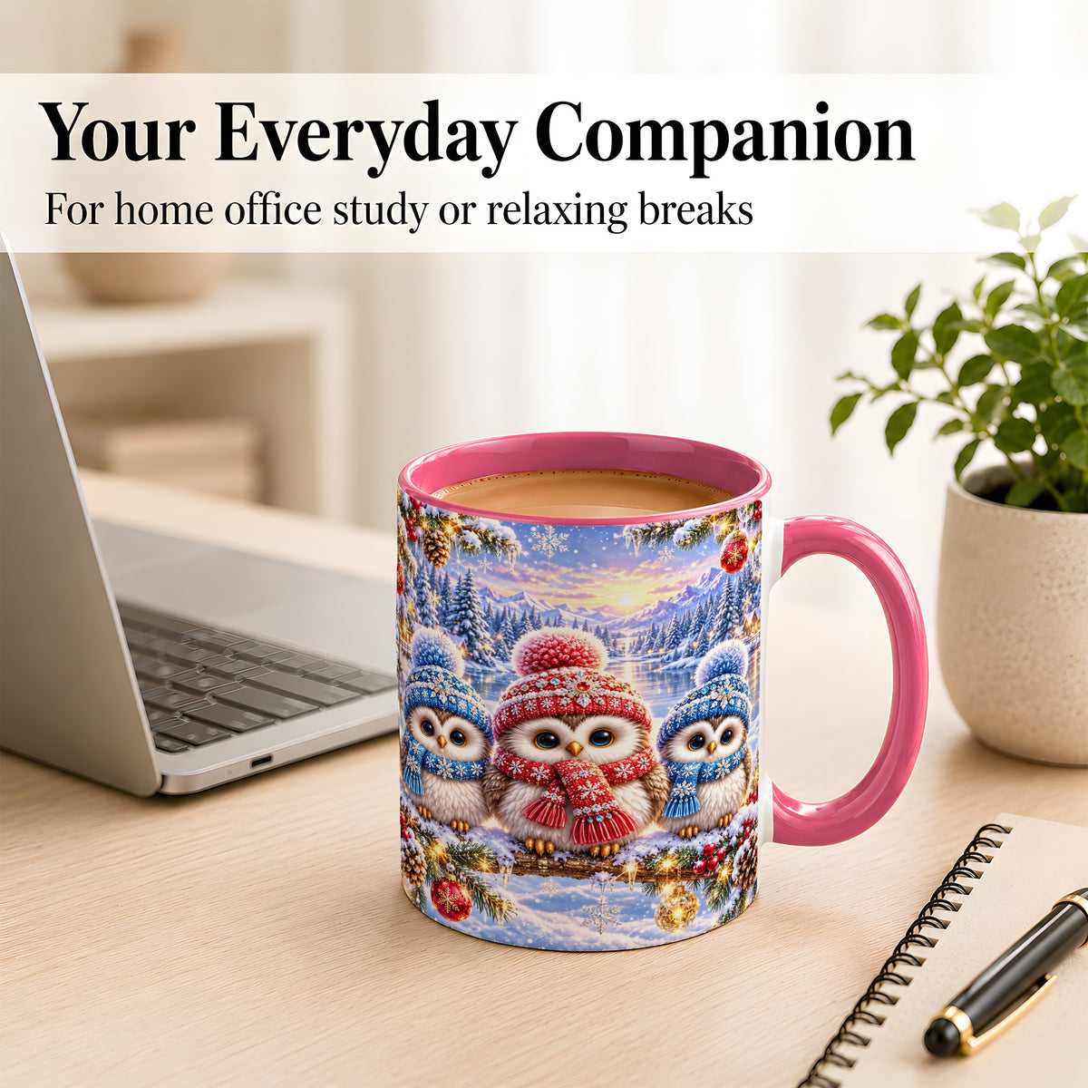 #pl[11oz|Pink] Christmas Owl Trio Coffee Mug, Winter Bird Mug, Ceramic Cup