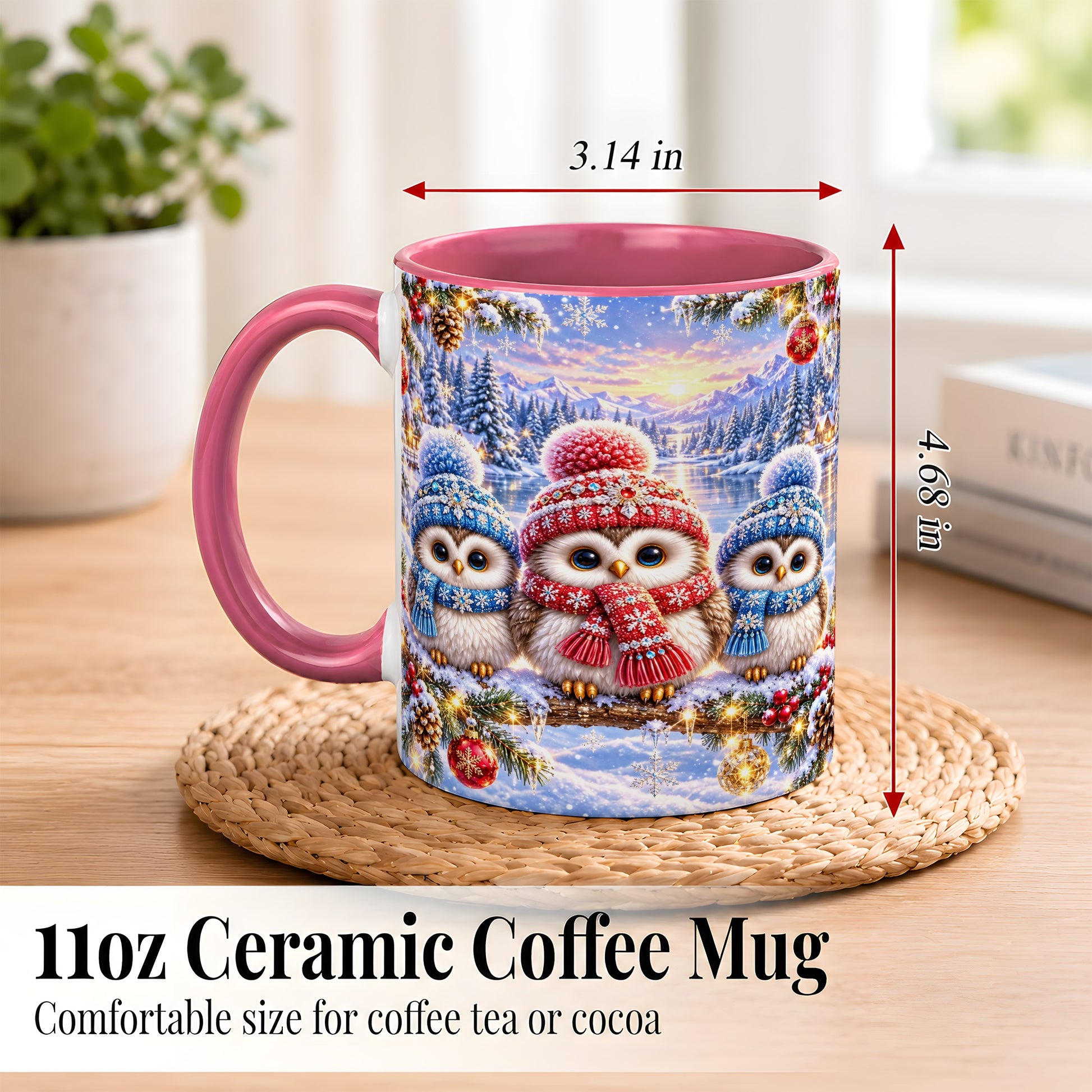 #pl[11oz|Pink] Christmas Owl Trio Coffee Mug, Winter Bird Mug, Ceramic Cup