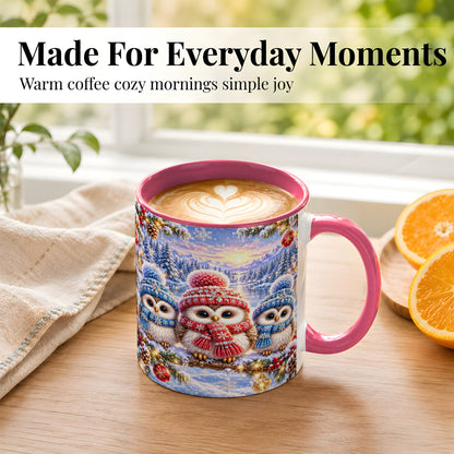#pl[11oz|Pink] Christmas Owl Trio Coffee Mug, Winter Bird Mug, Ceramic Cup