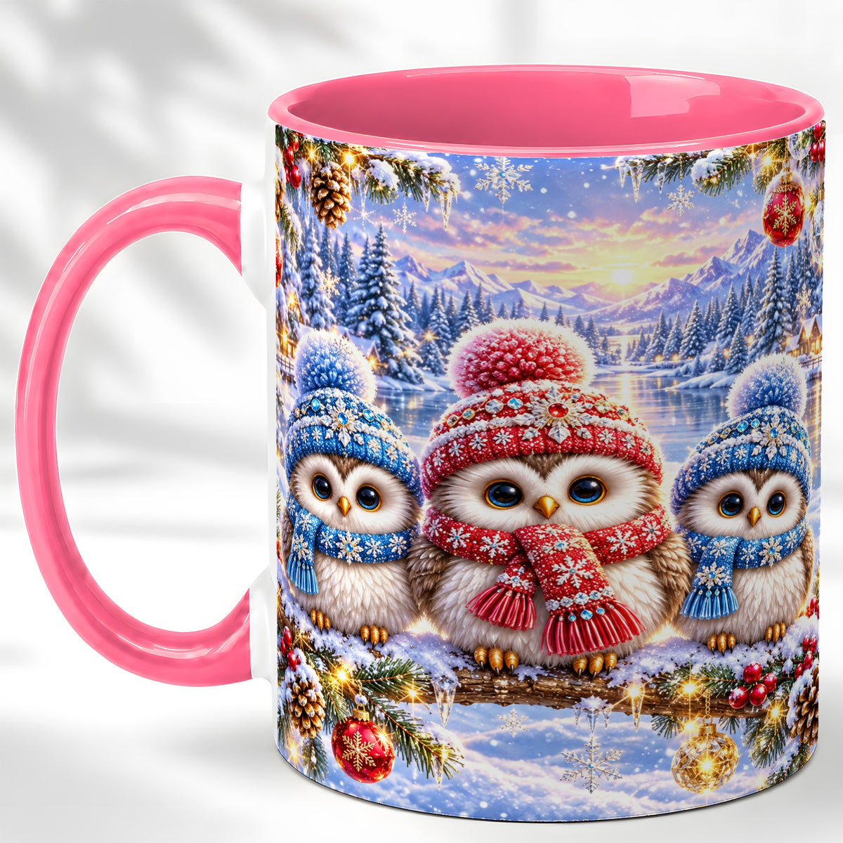 #pl[11oz|Pink] Christmas Owl Trio Coffee Mug, Winter Bird Mug, Ceramic Cup