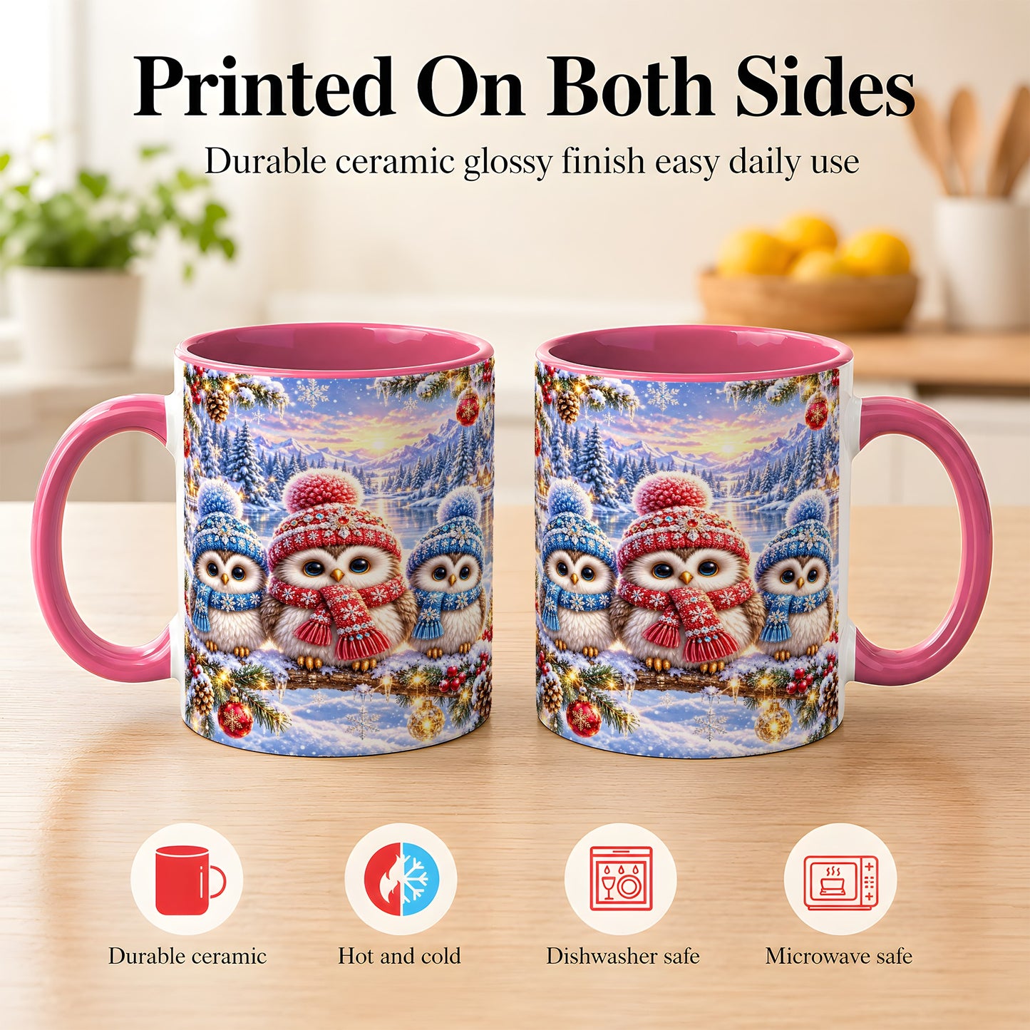 #pl[11oz|Pink] Christmas Owl Trio Coffee Mug, Winter Bird Mug, Ceramic Cup