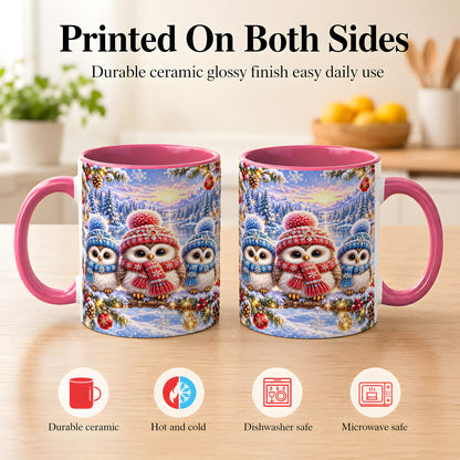 #pl[11oz|Pink] Christmas Owl Trio Coffee Mug, Winter Bird Mug, Ceramic Cup