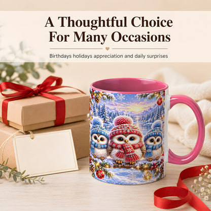 #pl[11oz|Pink] Christmas Owl Trio Coffee Mug, Winter Bird Mug, Ceramic Cup