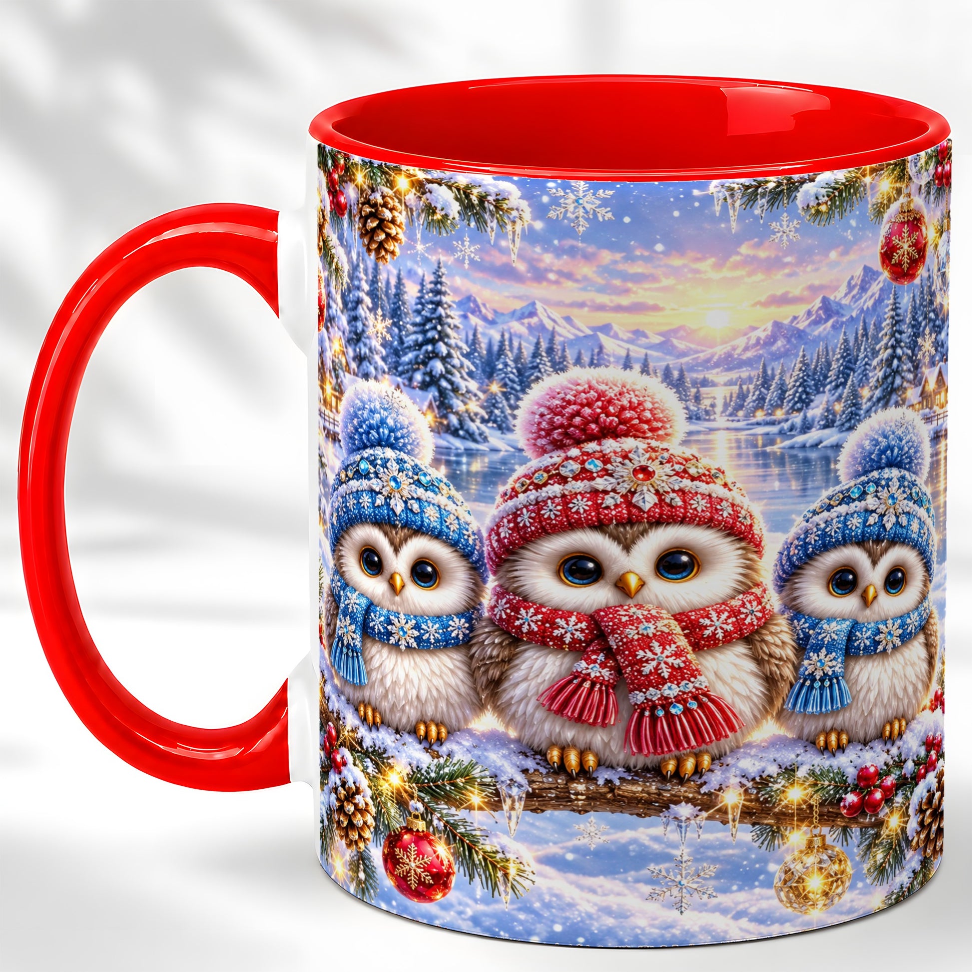 Christmas Owl Trio Coffee Mug, Winter Bird Mug, Ceramic Cup