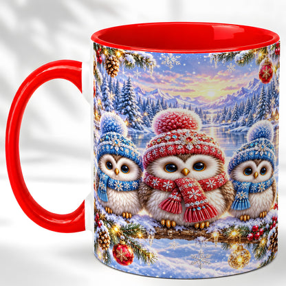 Christmas Owl Trio Coffee Mug, Winter Bird Mug, Ceramic Cup