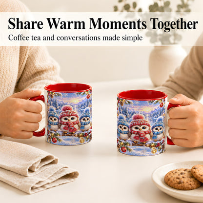 #pl[11oz|Red] Christmas Owl Trio Coffee Mug, Winter Bird Mug, Ceramic Cup
