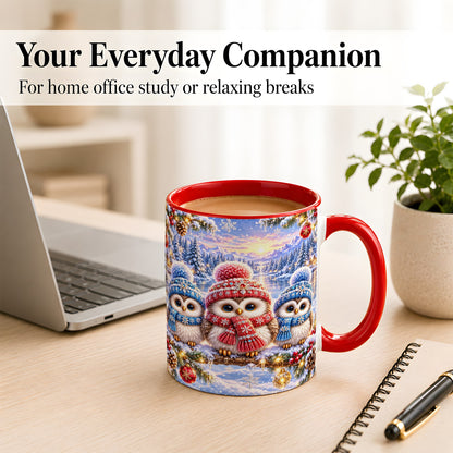 #pl[11oz|Red] Christmas Owl Trio Coffee Mug, Winter Bird Mug, Ceramic Cup
