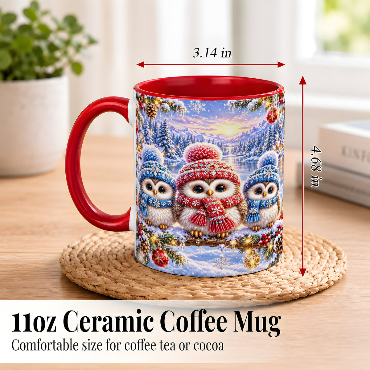 #pl[11oz|Red] Christmas Owl Trio Coffee Mug, Winter Bird Mug, Ceramic Cup
