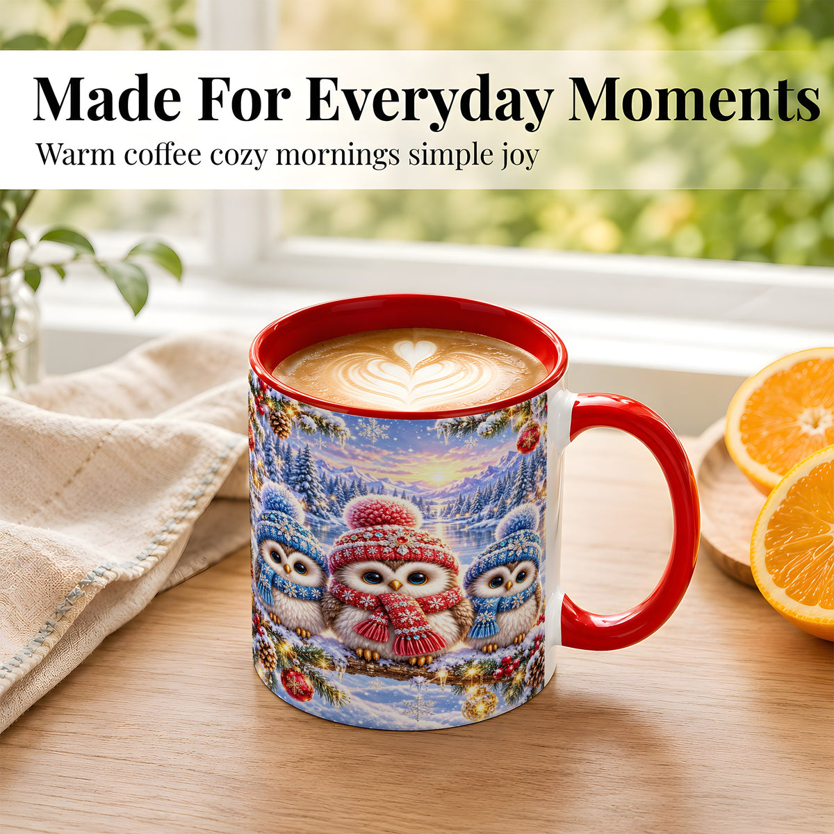 #pl[11oz|Red] Christmas Owl Trio Coffee Mug, Winter Bird Mug, Ceramic Cup