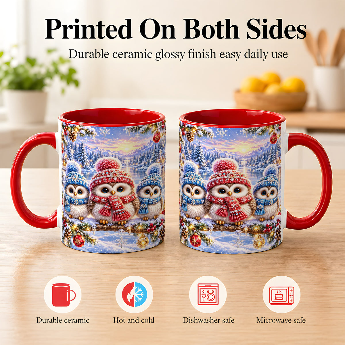 #pl[11oz|Red] Christmas Owl Trio Coffee Mug, Winter Bird Mug, Ceramic Cup