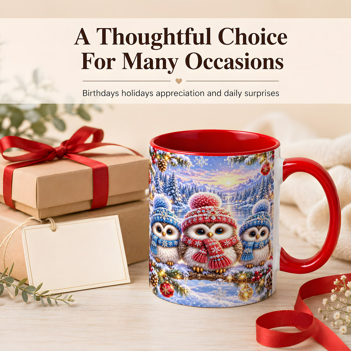 #pl[11oz|Red] Christmas Owl Trio Coffee Mug, Winter Bird Mug, Ceramic Cup