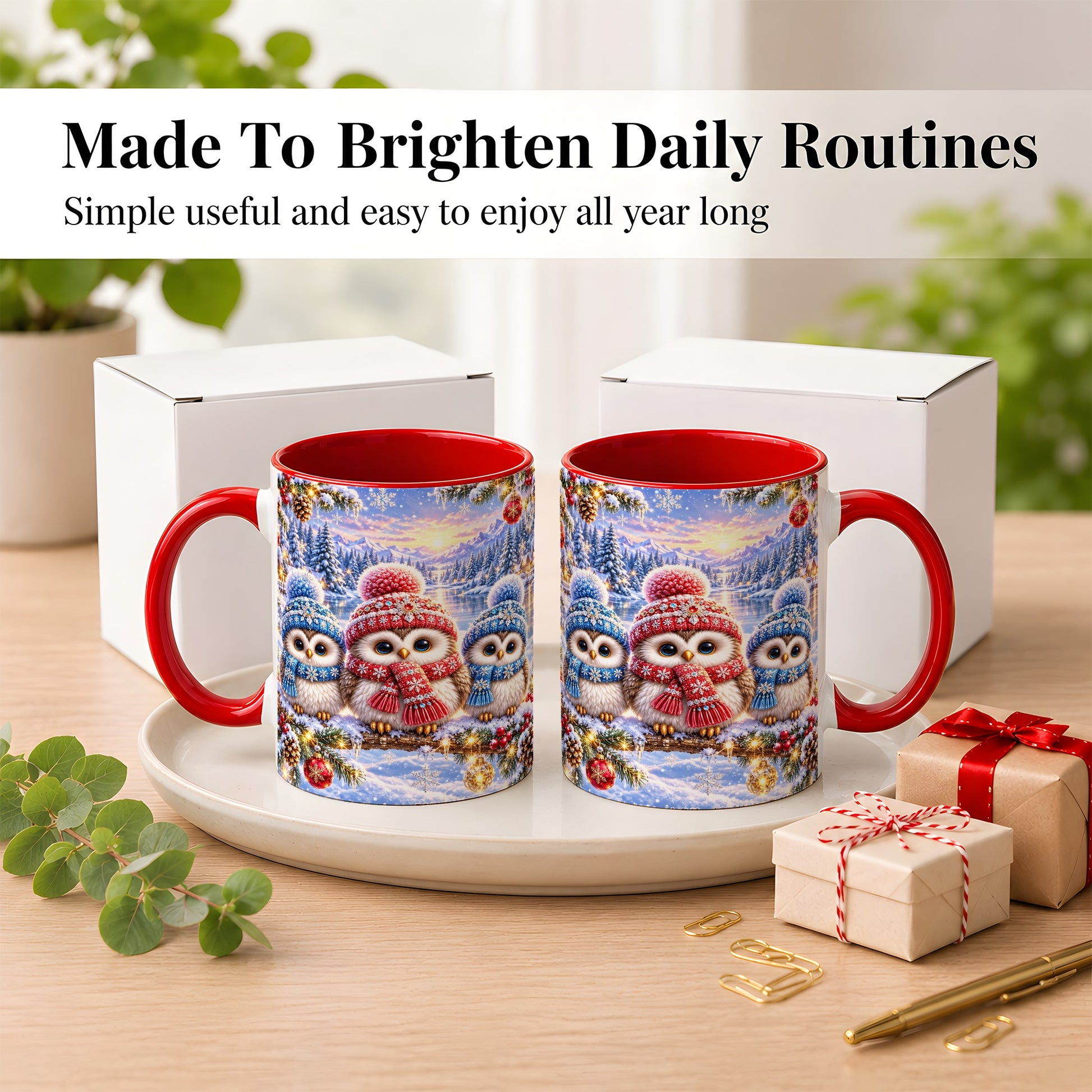 #pl[11oz|Red] Christmas Owl Trio Coffee Mug, Winter Bird Mug, Ceramic Cup